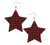 White Trendy Leather Star Earrings for Women - Red Black Buffalo Check Plaid Pattern Print Dangle Jewelry, Lightweight Fashion Accessory
