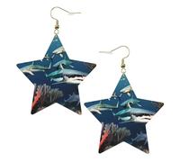 White Trendy Leather Star Earrings for Women - Sharks under the sea Print Dangle Jewelry, Party Favors, Simple Hoop Pendants, One Size, Leather, No Gemstone