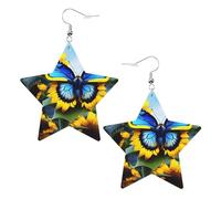 White Trendy Leather Star Earrings for Women - Sunflower Blue Butterfly Print Dangle Jewelry, Party Favors, Simple Hoop Pendants, One Size, Leather, No Gemstone
