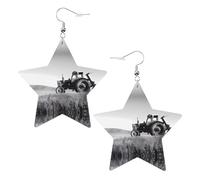 White Trendy Leather Star Earrings for Women - Tractor Agriculture Tranquil Print Dangle Jewelry, Lightweight Fashionable Hoop Pendants