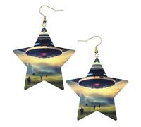 White Trendy Leather Star Earrings for Women - UFO landing Print Dangle Jewelry, Party Favors, Simple Hoop Pendants, One Size, Leather, No Gemstone