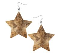 White Trendy Leather Star Earrings for Women - Vintage Old World Map Print Dangle Jewelry, Lightweight Fashionable Hoop Pendants