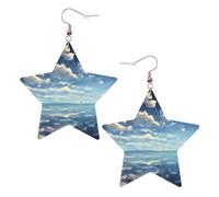 White Trendy Leather Star Earrings for Women - White clouds over the sea Print Dangle Jewelry, Party Favors, Simple Hoop Pendants, One Size, Leather, No Gemstone