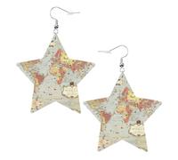 White Trendy Leather Star Earrings for Women - World Map Print Dangle Jewelry, Lightweight Fashion Accessory
