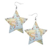 White Trendy Leather Star Earrings for Women - world map Print Dangle Jewelry, Lightweight Fashionable Hoop Pendants