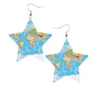 White Trendy Leather Star Earrings for Women - World Map Print Dangle Jewelry, Party Favors, Simple Hoop Pendants, One Size, Leather, No Gemstone