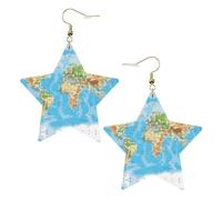 White Trendy Leather Star Earrings for Women - World Map Print Dangle Jewelry, Party Favors, Simple Hoop Pendants, One Size, Leather, No Gemstone