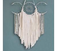 White Triple Moon Macrame Wall Hanging, Boho Art Large Wicca Crescent Moon Dream Catcher, Handmade Bohemian Hippie Woven Tapestry Decor for Bedroom Children's Room Decoration Gift