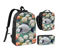 White Tropical Fish 17 Inch Backpack Lunch Bag Pencil Case Set, Cute Print, Durable Oxford Cloth.