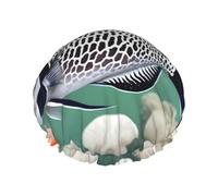 White Tropical Fish Printed shower cap, reusable, specially designed for women's long hair, double-layer structure, suitable for bathing.
