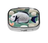 White Tropical Fish Square Pill Box with Full Print Design - Portable Metal Travel Case for Vitamins & Medication, 2.2x1.6x0.7 Inch.