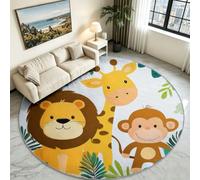White Tropical Monkey Round Rug 180 cm, Jungle Safari Washable Carpet | Exotic Rainforest Animal Circle Mat, Soft Non-Skid Low Pile Base, Cheerful Floor Rug for Kids Room & Play Area