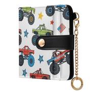 White Trucks Stars Print Small Women Wallet PU Leather RFID Blocking Bifold Compact Card Holder with Coin Pocket Zipper Purse for Women Girls Ladies