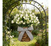 White Tulip Door Hanger Basket Wreath for Front Door,Artificial Tulip Flower Wreaths Hanging Decor with Woven Basket,Spring Summer Baskets Wreath for Wall Window Holiday