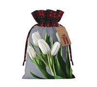 White Tulips Flowers Print Festive Christmas Drawstring Gift Bags For Xmas Decorative Present Wrapping Needs