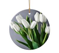 White Tulips Flowers Print Round Flat Hanging Ornaments for Christmas Winter New Year Party Hanging Decorations
