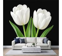 White Tulips Modern Minimalist Wall Mural 400x280cm, Poster Mural | Black Background Botanical Green Leaves HD 3D Print Non-Woven Photo Wallpaper, Modern Living Room Bedroom Wall Decoration