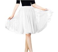 White Tulle Skirt Women Midi A Line Skirts Ladies Elasticated Waist Skirts Long Pleated Elegant Flared Long Mesh Tiered Vintage Swing Petticoat