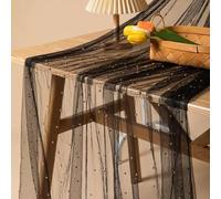 White Tulle Table Runner & Tablecloth, Pearl Shimmer Tulle Fabric for Wedding Decor, Arch Backdrop, Dessert Table, Party Decorations(Black,150x500cm)