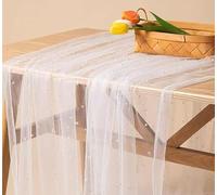 White Tulle Table Runner & Tablecloth, Pearl Shimmer Tulle Fabric for Wedding Decor, Arch Backdrop, Dessert Table, Party Decorations(White,150x300cm)