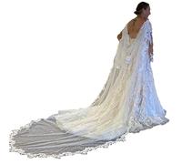 White Tulle Wedding Cathedral Veil Pearl trailing lace Bead shawl Bridal Capes For Bride, Ivory, Long