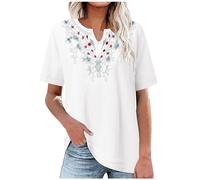 White Tunic Tops for Women UK V Neck Tshirt Floral Embroidered Top Cotton Linen Blouse Ladies Baggy Oversized Tshirt Short Sleeve Tops Baggy Long Tee Shirt for Office Work Holiday Beach