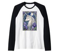 White Unicorn Art Nouveau Full Moon Design Raglan Baseball Tee
