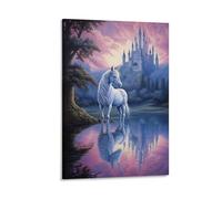 White Unicorn Art Poster Prints Pink Sky Fantasy Castle Animal Canvas Wall Decor Artwork for Home Office