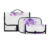 White Unicorn Pink and Purple Style on White 3 PCs Set Toiletry bags, 1 Women's Travel Cosmetic Bag, 1 Hanging Toiletry Wash Bag, 1 Brush Case, Portable Makeup Storage Case