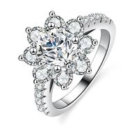 (white, US 8) Vinregem 100% 925 Sterling Silver Sparkling Round Cut 6.5mm 1ct 3ex Vvs1 D Color Real Moissanite Diamonds Flower Ring Wedding Engagement Jewelry