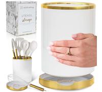White Utensil Holder with Built-In Ceramic Spoon Rest - 2-Piece Luxe White and Gold Spatula Holder with Gold Spoon Rest for Countertop Organization - Stylish Kitchen Accessory, Utensils Not Included