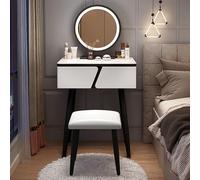 White Vanity Desk Set with LED Lights, Large Storage Makeup Table with Solid Wood Drawers, Modern Bedroom Dresser and Chair for Small Spaces, Mirror and Stool Included