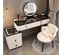 White Vanity Table Set with Bluetooth Audio Wireless Charging Mirror & Cushioned Stool 5 Drawers Modern Makeup Desk 100CM Chic Dressing Table