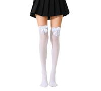 White Velvet Soft Knee-High Socks with White Bows - Elegant Festive Dress Stockings for Women, Long Comfortable Over The Knee Tights, Womens Thigh Highs, Ruffled Fancy Frilly Opaque Cotton Pairs