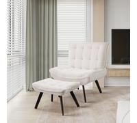 White Velvet Widened Wingback Accent Chair with Footstool