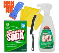 White Vinegar Spray Bundle with Bicarbonate of Soda for Cleaning 500g and White Vinegar Cleaning Spray 500ml with Glameno Crevice Brush, Microfibre Cloth and Plastic Scraper