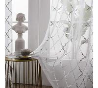 White Voile Curtains With Moroccan Metallic Print - Sheer Window Panels for Caravan, Bathroom - 52" Wide x 54" Drop - Silver Foil Small Net Design