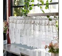 White Voile Lace Short Curtains Sheer Tulle Cotton Linen with Ruffles for Kitchen Window Elegant Bistro Curtain Short Drapes Kitchen Decor Rod Pocket Design