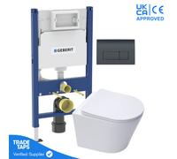 White Wall Hung Toilet Pan With Geberit Concealed Cistern Frame 98Cm & Delta50 Black Flush Plate