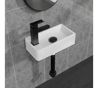 White Wall Mounted Ceramic Bathroom Sink, 7" x 14" Rectangle Floating Porcelain Vessel Sink with Black Faucet and Pop up drain Set for Small Bathroom, Left Hand