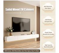 White Wall Mounted TV Stand with Drawers Solid Wood Media Console Floating TV Cabinet with Router Hole & Hollow Back Stylish Living Room Storage Shelf