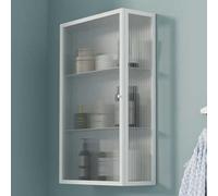 White WallMounted Single Door Glass Storage Cabinet Tempered Glass Doors Metal Frame Medicine Cabinets for Kitchen & Bathroom Organization Stylish Transparent Door Design