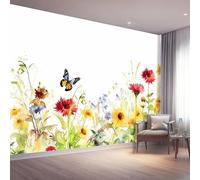White Wallpaper Mural & Home Decor, Lively and Healing Flowers Bees Butterflies Bedroom Wallpaper - Self-Adhesive Large Wall Murals for Living Room Home Decor 200 x 140 cm（WxH