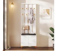 White Wardrobe Set with Shoe Bench & Cushion 8Hook Hallway Coat Rack Entryway Storage Solution 60.5 x 35.2 x 180.5 cm Perfect for Hallways & Entrances