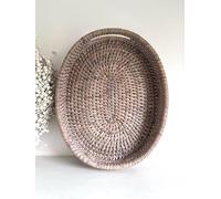 White Wash Rattan Placemats Set of 2/ Set of 6 Coasters/Cutlery Tray/Cutlery and Condiment Caddy Holder (Oval Tray (25.5cm)