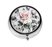 White Watercolor Floral Rose Pill Box Metal Round Small Pill Case Cute 3 Compartment Pill Organizer Portable Travel Pillbox Mini Pill Container Holder for Daily Medicine Supplement Vitamin