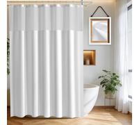 White Waterproof Shower Curtain with See Through Mesh Window & 12 Stainless Steel Hooks, Linen Textured Bathroom Curtain, Heavy Duty Weighted Wet Room Bath Curtain, Machine Washable Fabric, 183x183cm