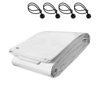 White Waterproof Tarpaulin Sheet 4 x 4 m with 4 Ball Bungees - 90 GSM Heavy-Duty PE Cover with Eyelets Every 1m - UV Resistant, Mould-Proof, Tear-Resistant - Garden, Camping, Construction, Furniture