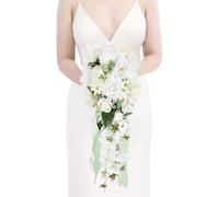White Wedding Bouquets for Bride,10 Inch Fake Cascading Bridal Bouquet Silk Faux Flowers for Ceremony Anniversary Wedding Bridal Shower(White & Ivory)