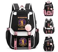 (White) Wednesday The Addams Family Kids Travel Backpack Durable Laptop Rucksack with USB Charging Port Waterproof Large Capacity Schoolbag
